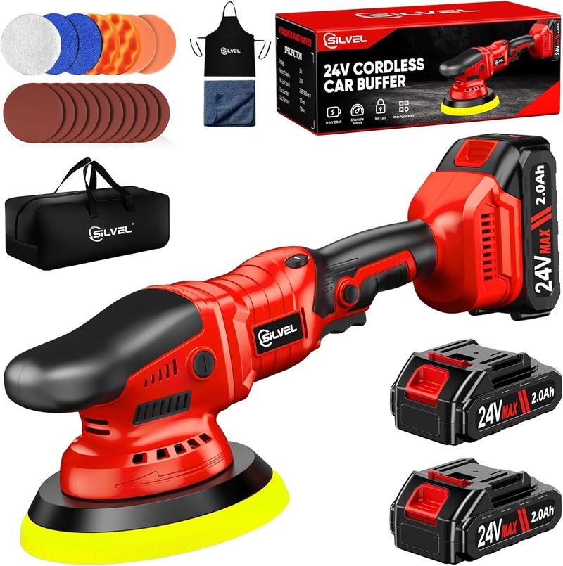 SILVEL Cordless Car Buffer Polisher, Car Polishing Kit with 24V 2 X 2.0Ah Batteries, 5 Inch Car buffer Waxer Kit, Car Polishing Machine,6 Variable Speed, Car Buffer Polisher for Car Detailing - Image 1